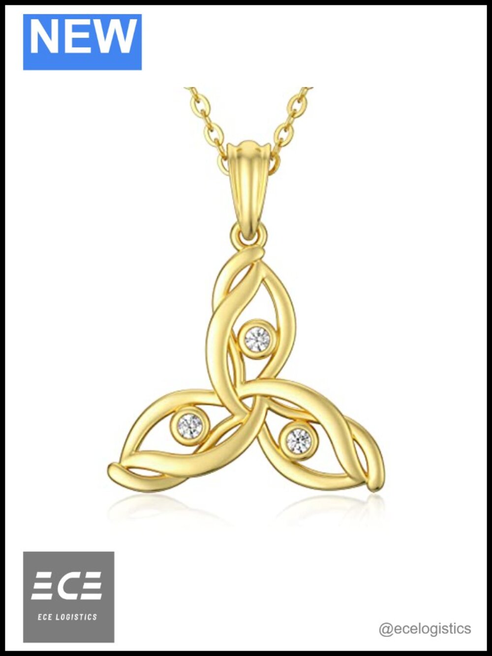 14k Gold Celtic Trinity Knot Pendant Necklace Adjustable Rolo Chain